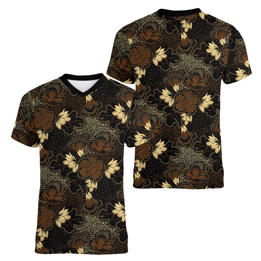 Javanese Batik Semen Women V-Neck T-Shirt Indonesian Traditional Pattern LT01 - Polynesian Pride