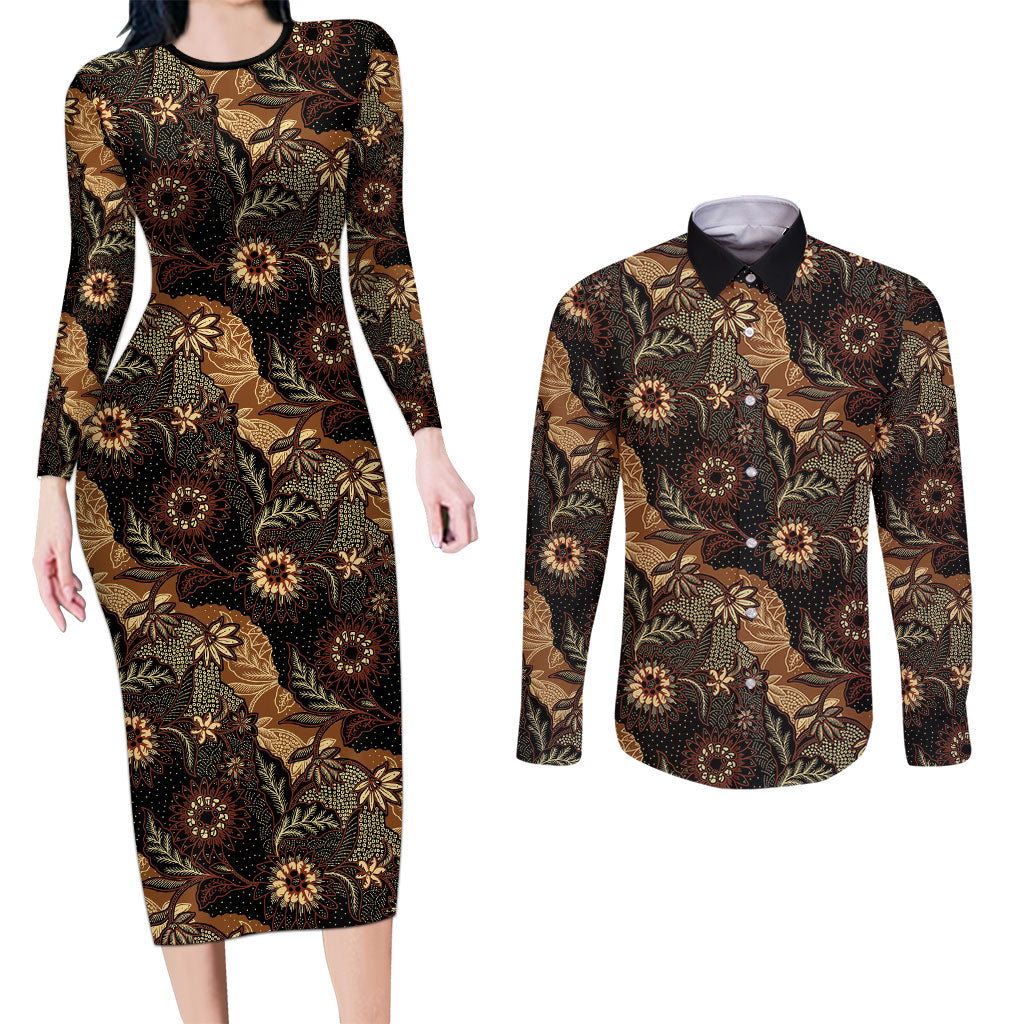 Batik Pedalaman Semen Lereng Style Couples Matching Long Sleeve Bodycon Dress and Long Sleeve Button Shirt Indonesian Traditional Pattern LT01 Black - Polynesian Pride