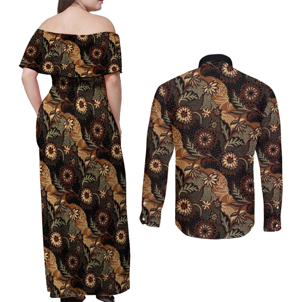 Batik Pedalaman Semen Lereng Style Couples Matching Off Shoulder Maxi Dress and Long Sleeve Button Shirt Indonesian Traditional Pattern LT01 - Polynesian Pride
