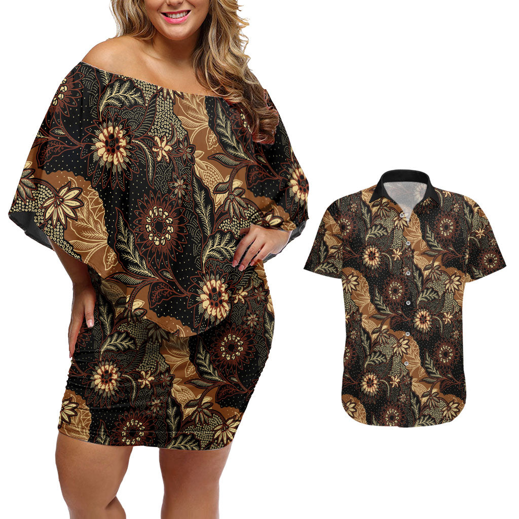 Batik Pedalaman Semen Lereng Style Couples Matching Off Shoulder Short Dress and Hawaiian Shirt Indonesian Traditional Pattern LT01 Black - Polynesian Pride