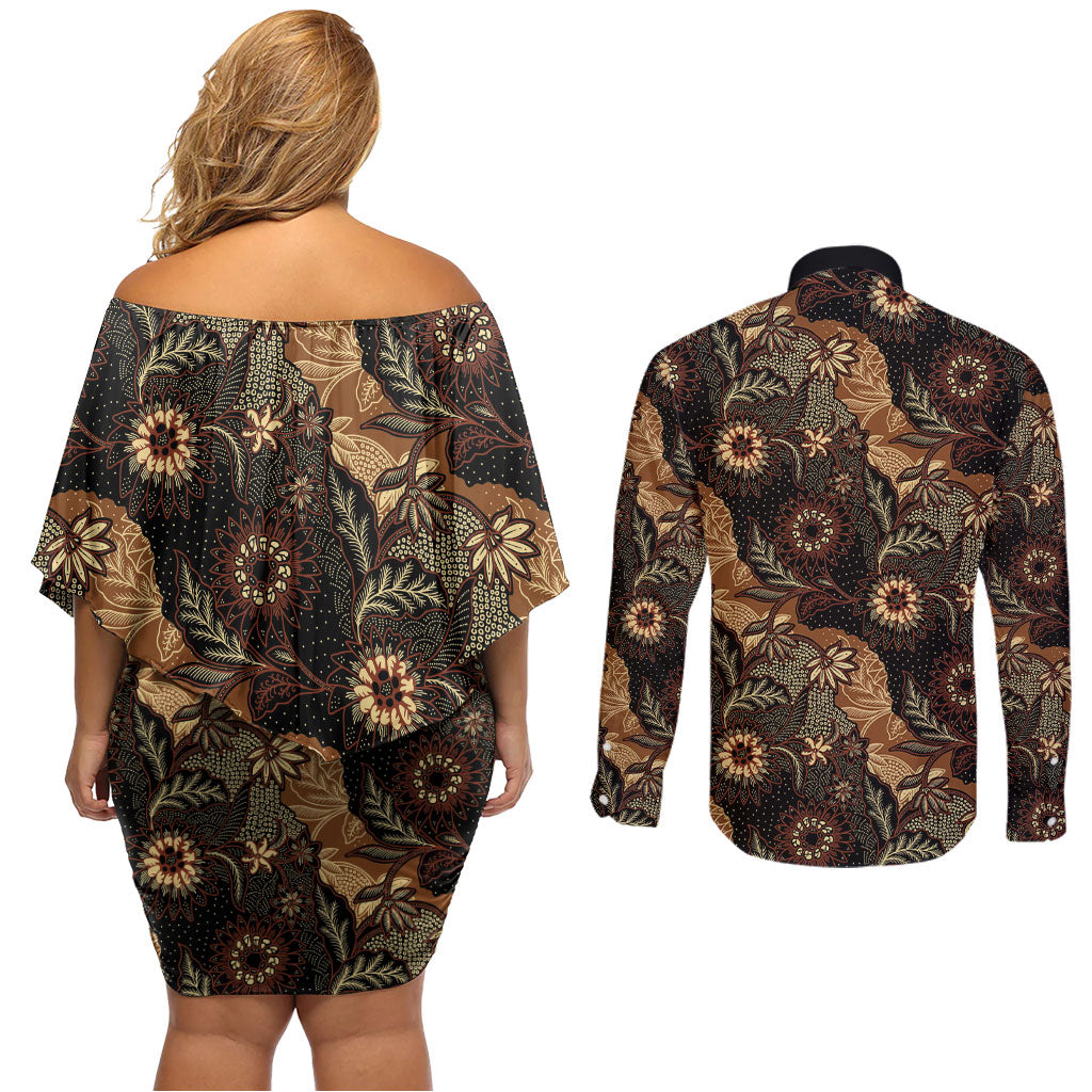 Batik Pedalaman Semen Lereng Style Couples Matching Off Shoulder Short Dress and Long Sleeve Button Shirt Indonesian Traditional Pattern LT01 - Polynesian Pride