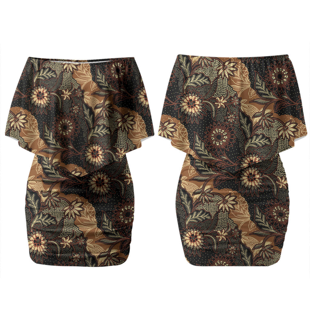 Batik Pedalaman Semen Lereng Style Couples Matching Off Shoulder Short Dress and Long Sleeve Button Shirt Indonesian Traditional Pattern LT01 - Polynesian Pride
