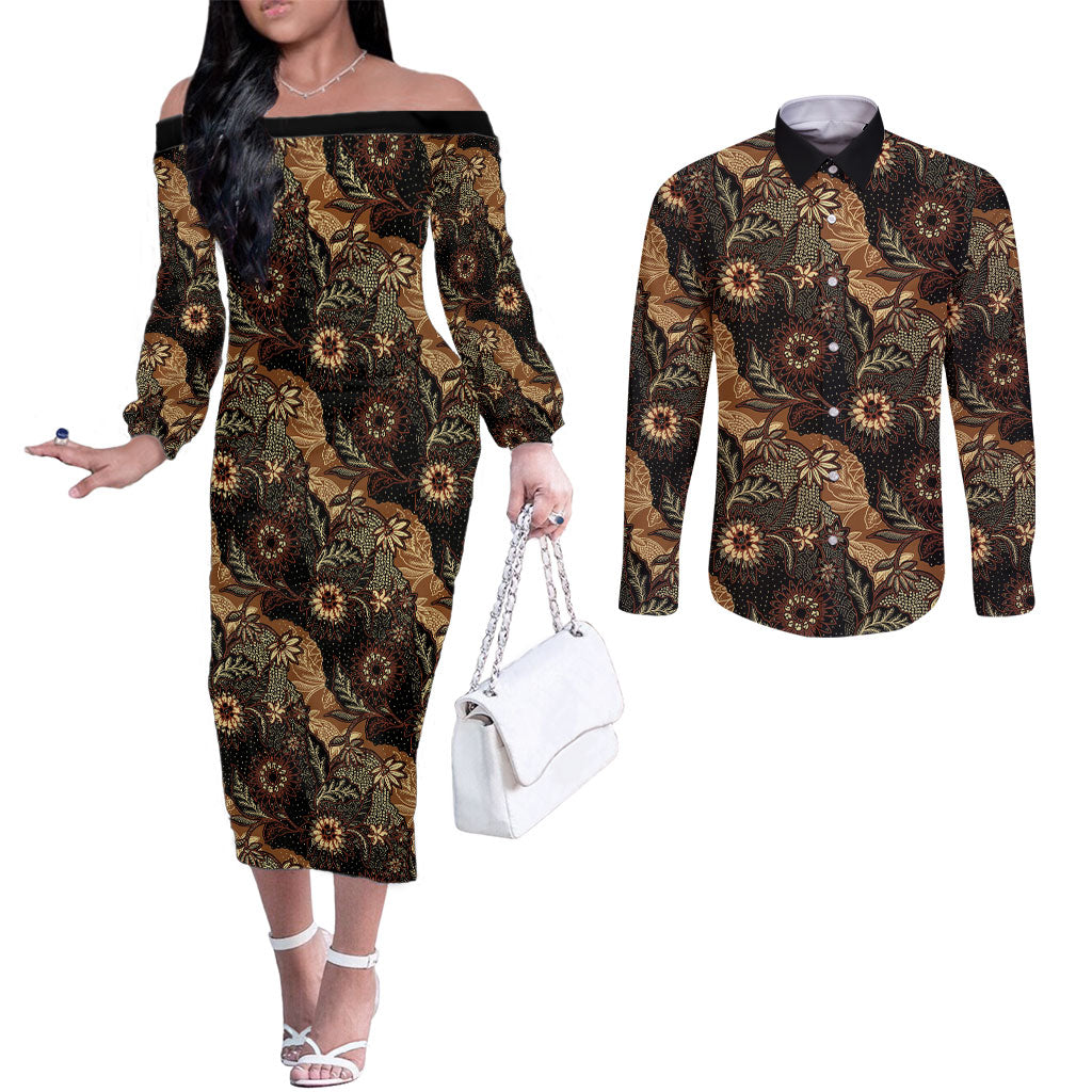 Batik Pedalaman Semen Lereng Style Couples Matching Off The Shoulder Long Sleeve Dress and Long Sleeve Button Shirt Indonesian Traditional Pattern LT01 Black - Polynesian Pride