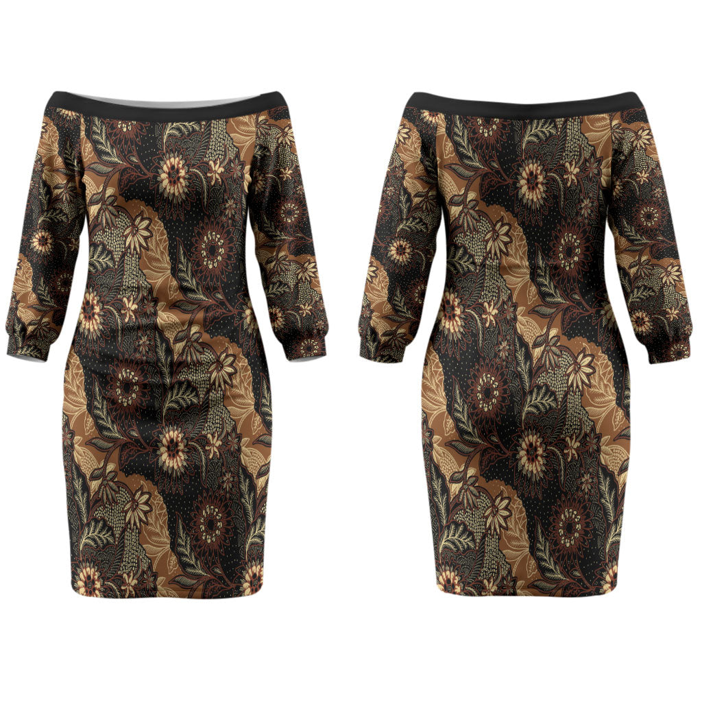 Batik Pedalaman Semen Lereng Style Couples Matching Off The Shoulder Long Sleeve Dress and Long Sleeve Button Shirt Indonesian Traditional Pattern LT01 - Polynesian Pride