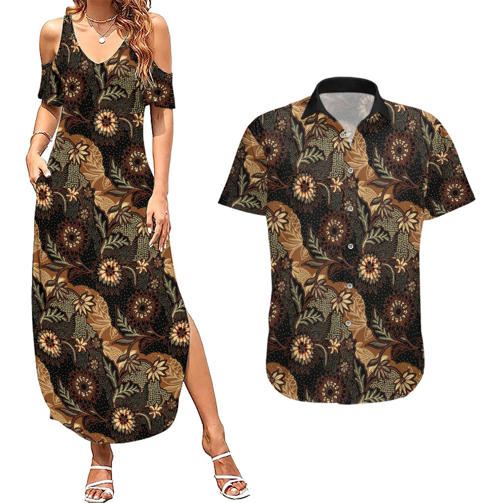 Batik Pedalaman Semen Lereng Style Couples Matching Summer Maxi Dress and Hawaiian Shirt Indonesian Traditional Pattern LT01 Black - Polynesian Pride