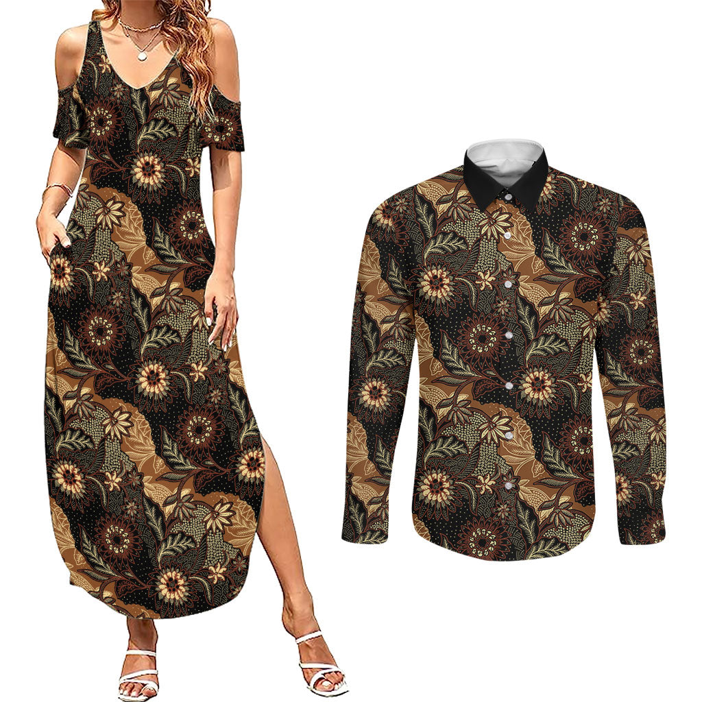 Batik Pedalaman Semen Lereng Style Couples Matching Summer Maxi Dress and Long Sleeve Button Shirt Indonesian Traditional Pattern LT01 Black - Polynesian Pride