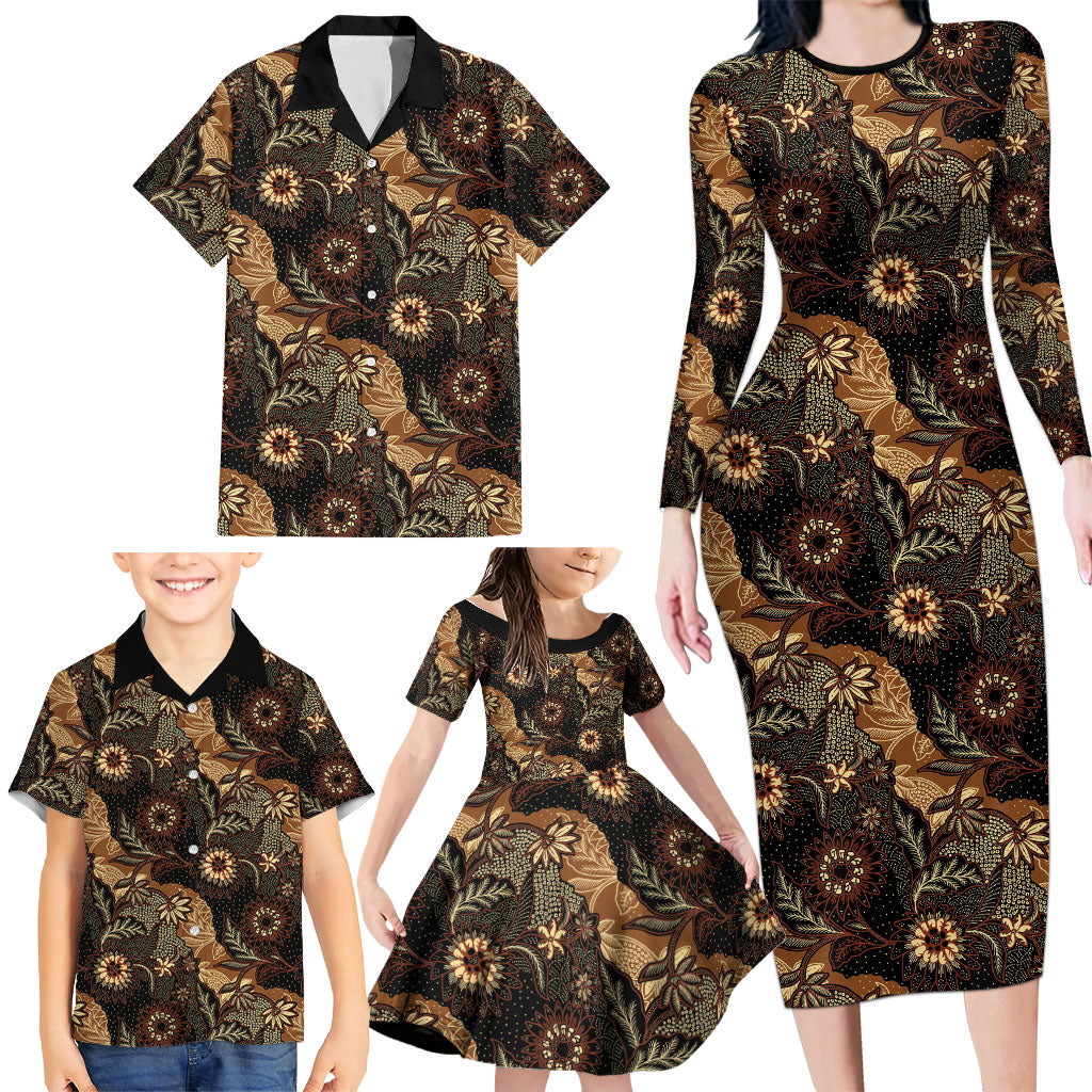 Batik Pedalaman Semen Lereng Style Family Matching Long Sleeve Bodycon Dress and Hawaiian Shirt Indonesian Traditional Pattern LT01 - Polynesian Pride