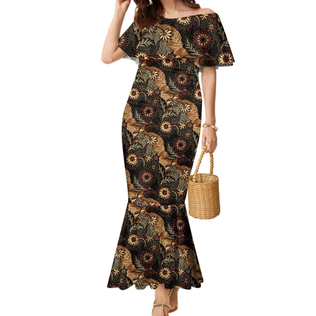 Batik Pedalaman Semen Lereng Style Family Matching Mermaid Dress and Hawaiian Shirt Indonesian Traditional Pattern LT01 Mom's Dress Black - Polynesian Pride