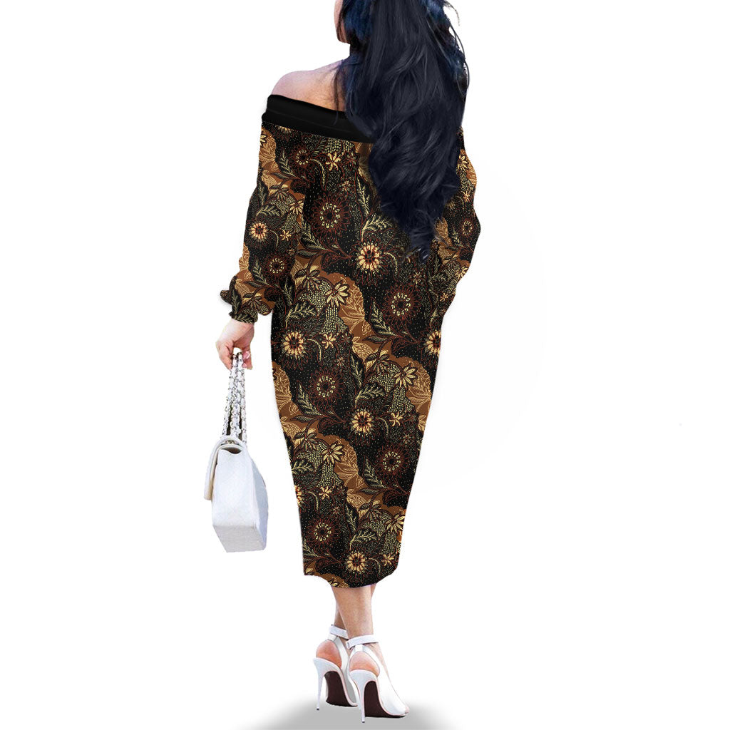Batik Pedalaman Semen Lereng Style Family Matching Off The Shoulder Long Sleeve Dress and Hawaiian Shirt Indonesian Traditional Pattern LT01 - Polynesian Pride