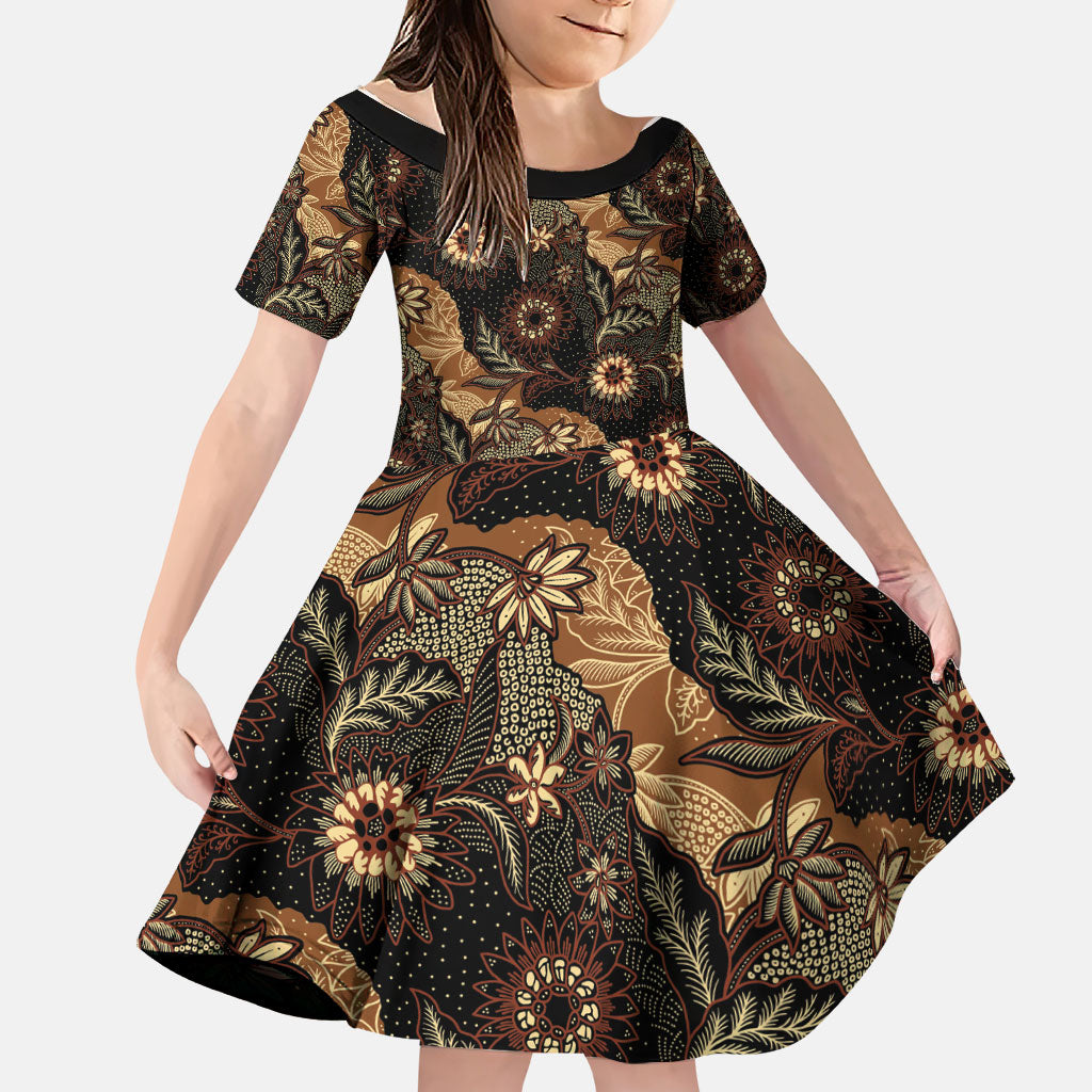Batik Pedalaman Semen Lereng Style Family Matching Off Shoulder Maxi Dress and Hawaiian Shirt Indonesian Traditional Pattern LT01 Daughter's Dress Black - Polynesian Pride