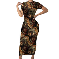 Batik Pedalaman Semen Lereng Style Family Matching Short Sleeve Bodycon Dress and Hawaiian Shirt Indonesian Traditional Pattern LT01 Mom's Dress Black - Polynesian Pride