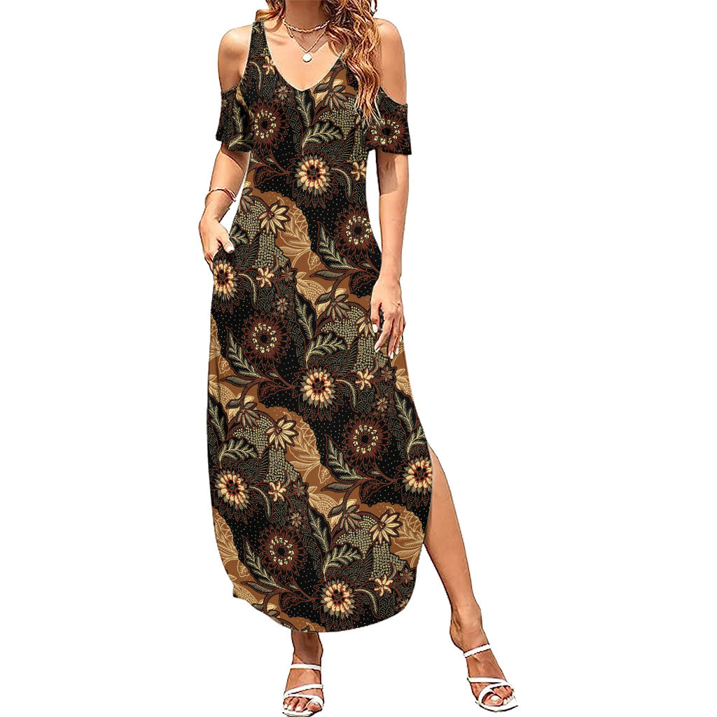 Batik Pedalaman Semen Lereng Style Family Matching Summer Maxi Dress and Hawaiian Shirt Indonesian Traditional Pattern LT01 Mom's Dress Black - Polynesian Pride