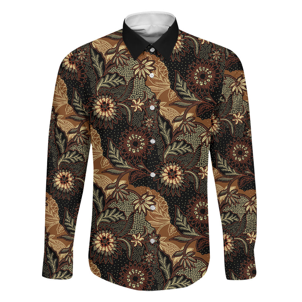 Batik Pedalaman Semen Lereng Style Family Matching Tank Maxi Dress and Hawaiian Shirt Indonesian Traditional Pattern LT01 Dad's Shirt - Long Sleeve Black - Polynesian Pride