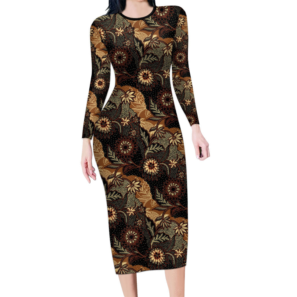 Batik Pedalaman Semen Lereng Style Long Sleeve Bodycon Dress Indonesian Traditional Pattern LT01 Long Dress Black - Polynesian Pride