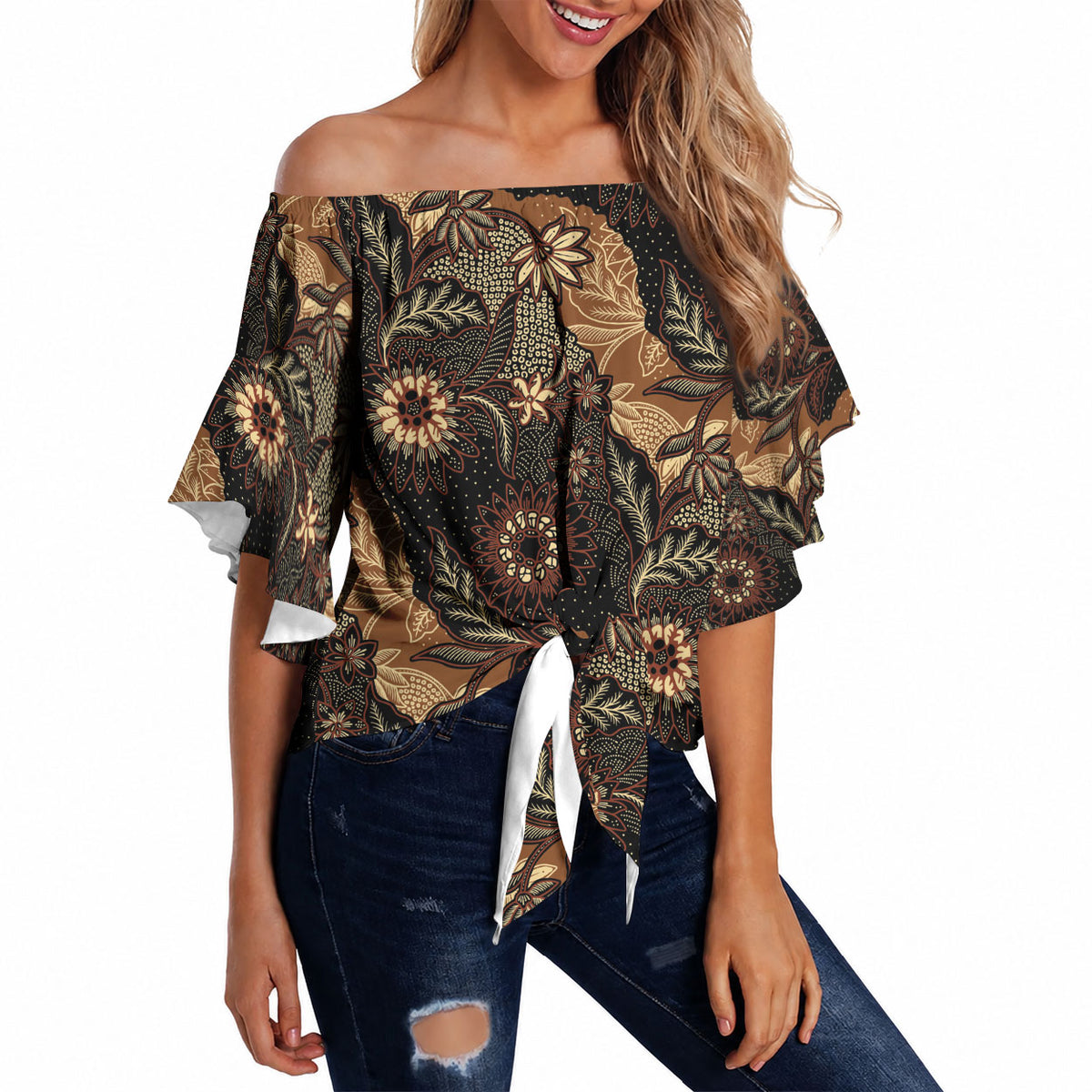 Batik Pedalaman Semen Lereng Style Off Shoulder Wrap Waist Top Indonesian Traditional Pattern LT01 - Polynesian Pride