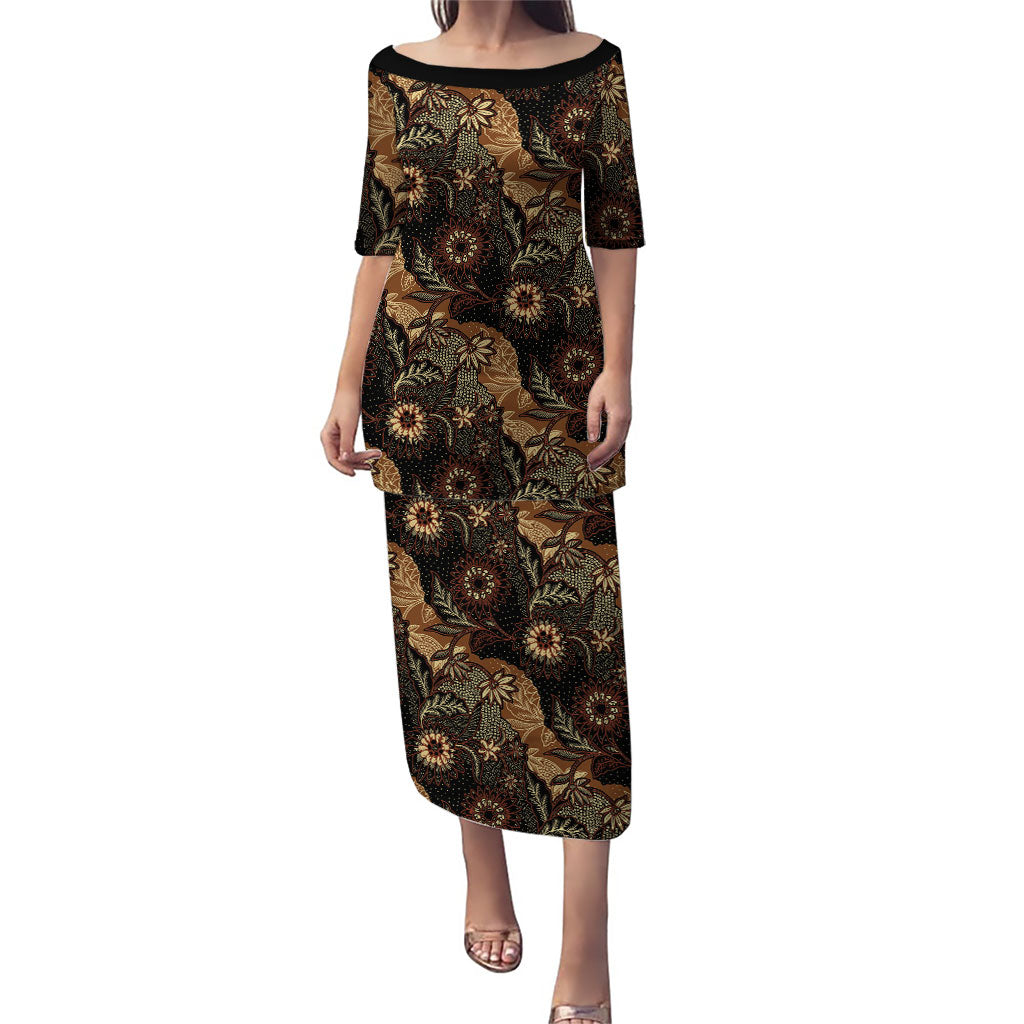Batik Pedalaman Semen Lereng Style Puletasi Indonesian Traditional Pattern LT01 Long Dress Black - Polynesian Pride
