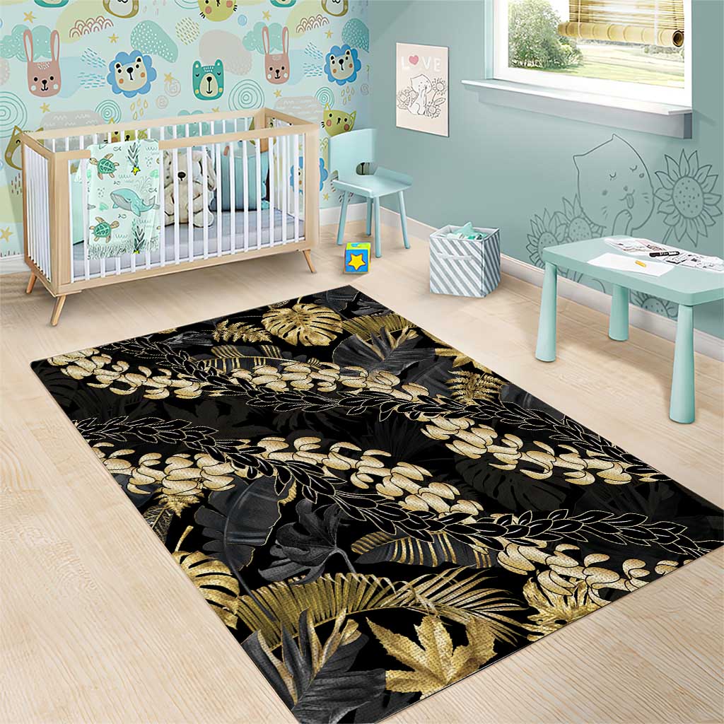 Gold Tropical Leaves Hawaii Mikioi Lei Area Rug Luxury Stylized - Polynesian Pride