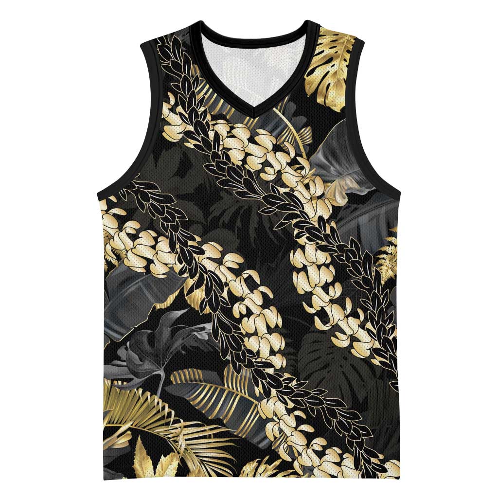 Gold Tropical Leaves Hawaii Mikioi Lei Basketball Jersey Luxury Stylized - Polynesian Pride