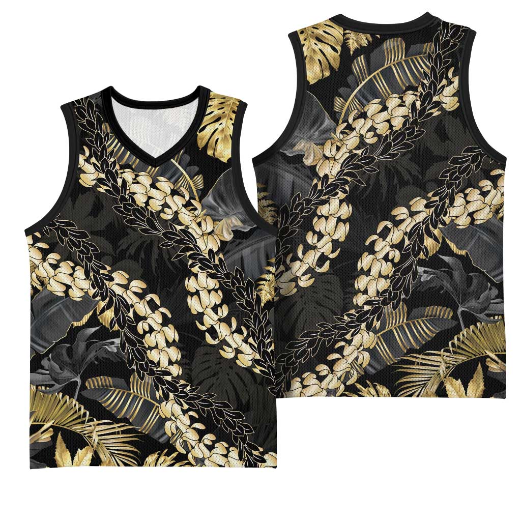Gold Tropical Leaves Hawaii Mikioi Lei Basketball Jersey Luxury Stylized - Polynesian Pride