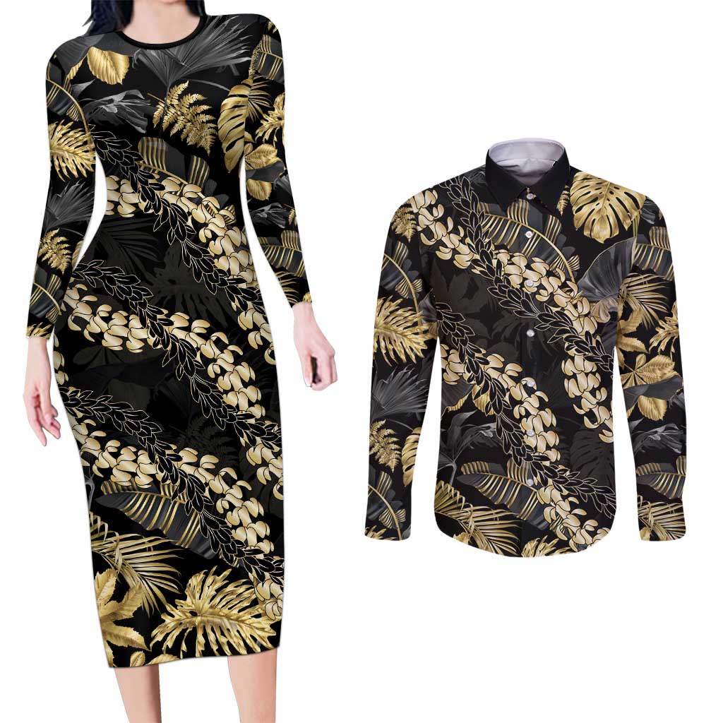 Gold Tropical Leaves Hawaii Mikioi Lei Couples Matching Long Sleeve Bodycon Dress and Long Sleeve Button Shirt Luxury Stylized - Polynesian Pride