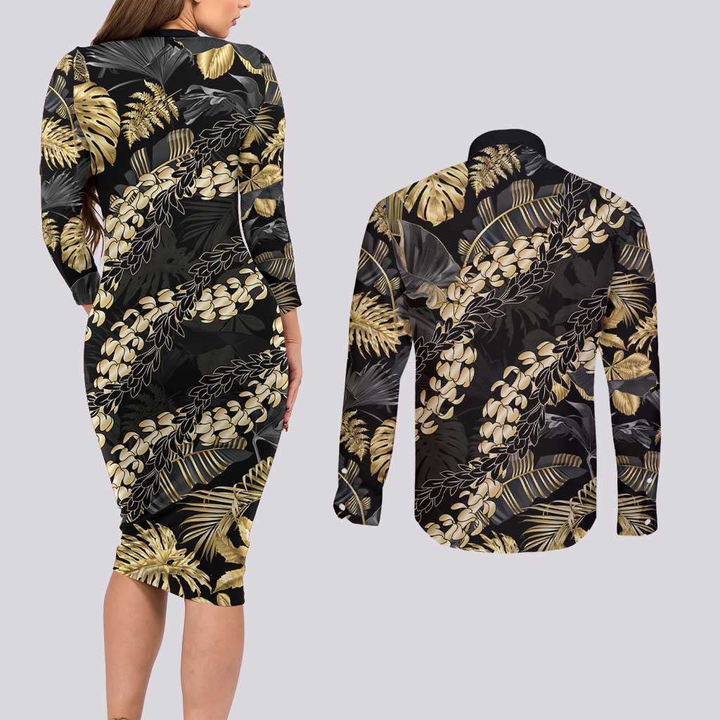 Gold Tropical Leaves Hawaii Mikioi Lei Couples Matching Long Sleeve Bodycon Dress and Long Sleeve Button Shirt Luxury Stylized - Polynesian Pride