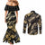 Gold Tropical Leaves Hawaii Mikioi Lei Couples Matching Mermaid Dress and Long Sleeve Button Shirt Luxury Stylized - Polynesian Pride