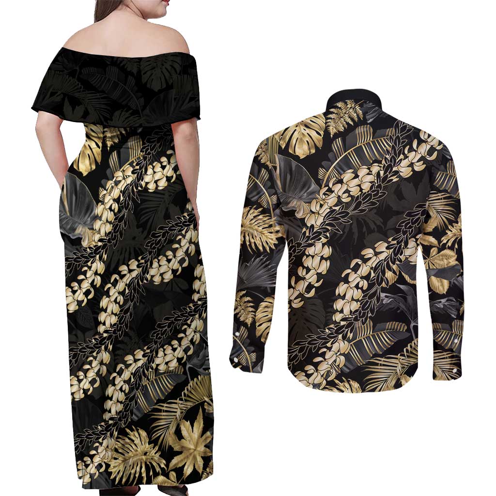 Gold Tropical Leaves Hawaii Mikioi Lei Couples Matching Off Shoulder Maxi Dress and Long Sleeve Button Shirt Luxury Stylized - Polynesian Pride