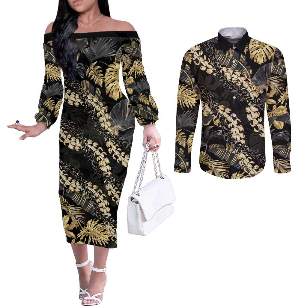 Gold Tropical Leaves Hawaii Mikioi Lei Couples Matching Off The Shoulder Long Sleeve Dress and Long Sleeve Button Shirt Luxury Stylized - Polynesian Pride
