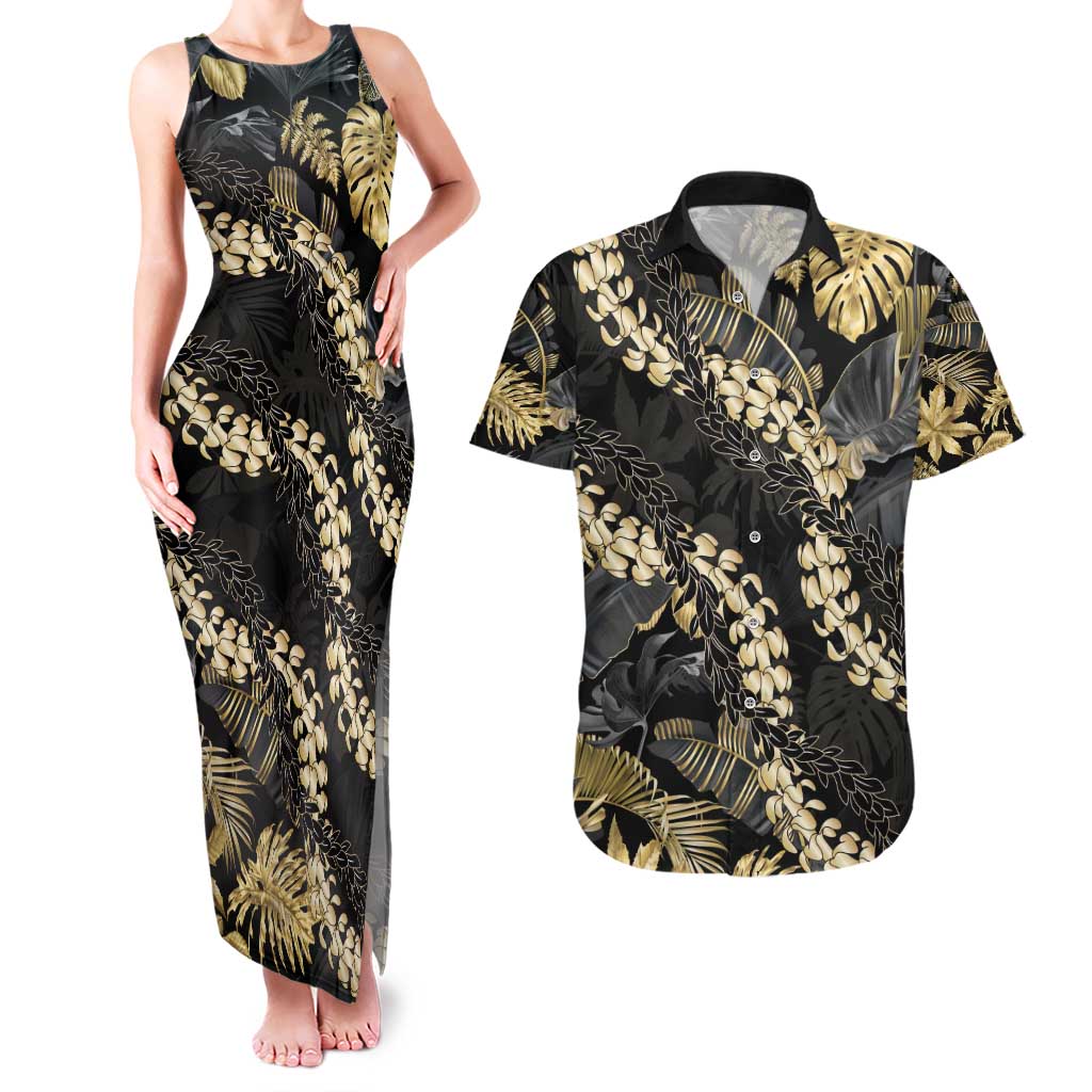 Gold Tropical Leaves Hawaii Mikioi Lei Couples Matching Tank Maxi Dress and Hawaiian Shirt Luxury Stylized - Polynesian Pride