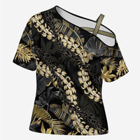 Gold Tropical Leaves Hawaii Mikioi Lei Cross Shoulder Shirt Luxury Stylized - Polynesian Pride
