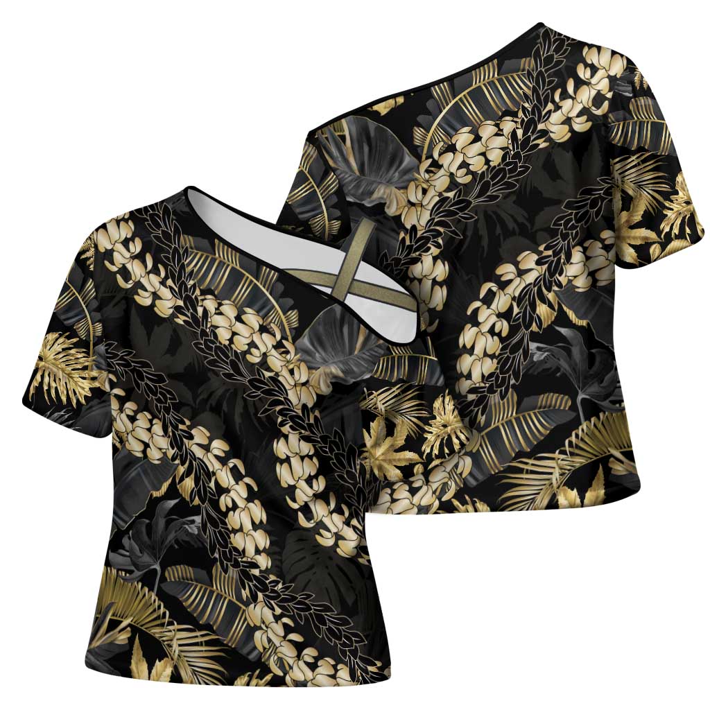 Gold Tropical Leaves Hawaii Mikioi Lei Cross Shoulder Shirt Luxury Stylized - Polynesian Pride