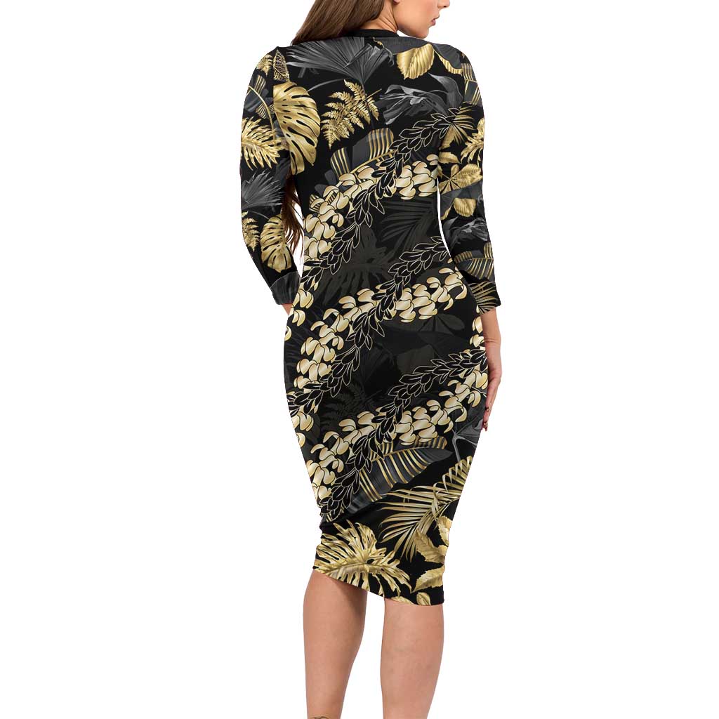 Gold Tropical Leaves Hawaii Mikioi Lei Family Matching Long Sleeve Bodycon Dress and Hawaiian Shirt Luxury Stylized - Polynesian Pride