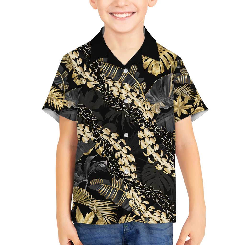 Gold Tropical Leaves Hawaii Mikioi Lei Family Matching Long Sleeve Bodycon Dress and Hawaiian Shirt Luxury Stylized - Polynesian Pride