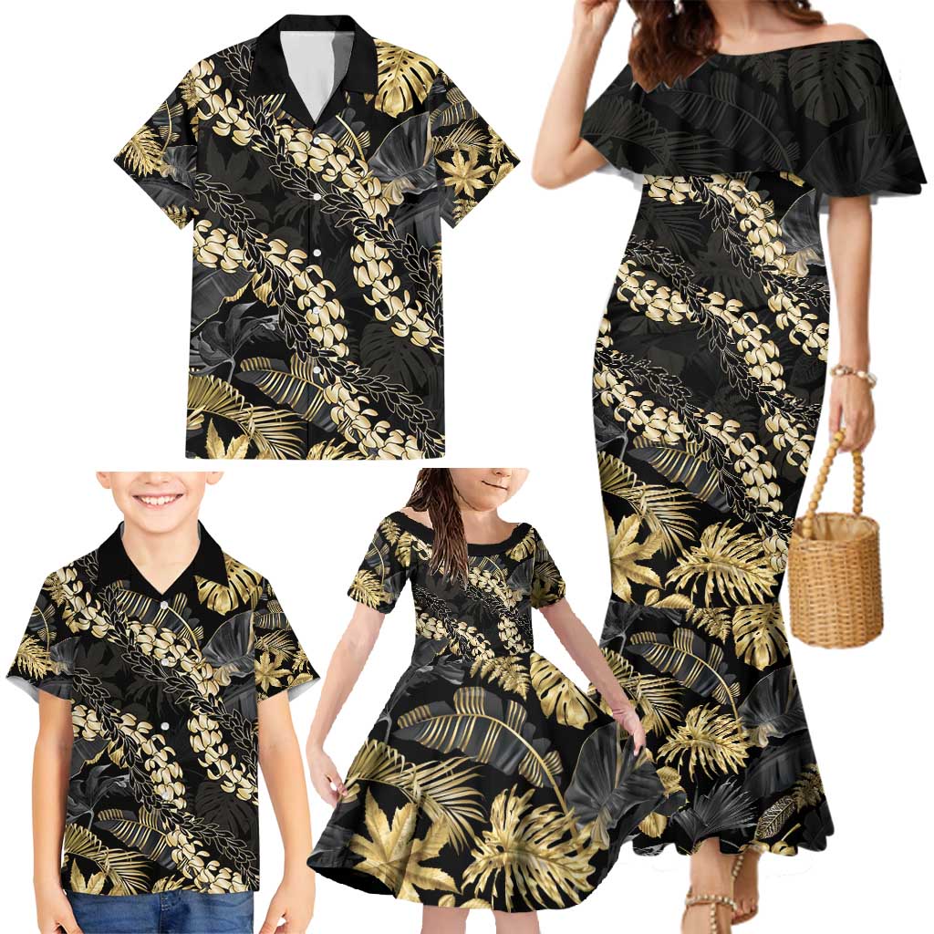 Gold Tropical Leaves Hawaii Mikioi Lei Family Matching Mermaid Dress and Hawaiian Shirt Luxury Stylized - Polynesian Pride