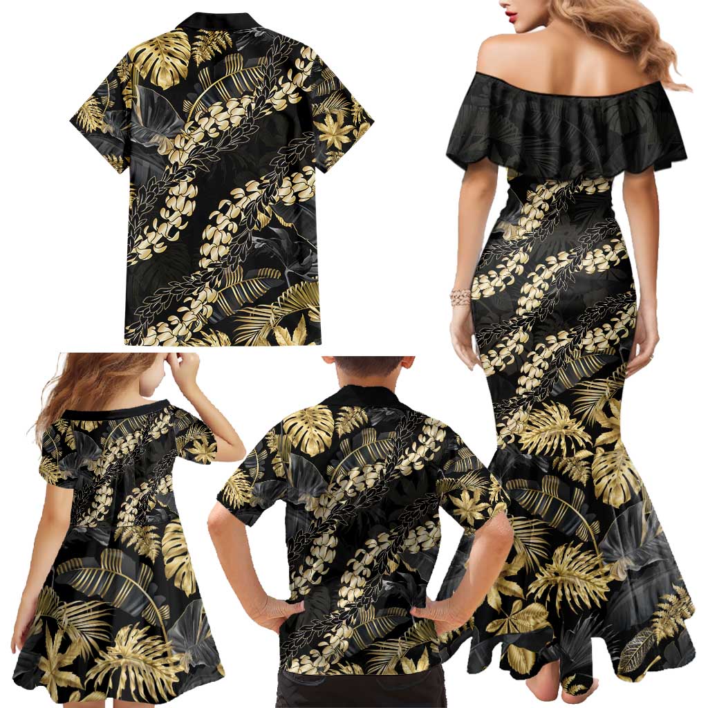 Gold Tropical Leaves Hawaii Mikioi Lei Family Matching Mermaid Dress and Hawaiian Shirt Luxury Stylized - Polynesian Pride