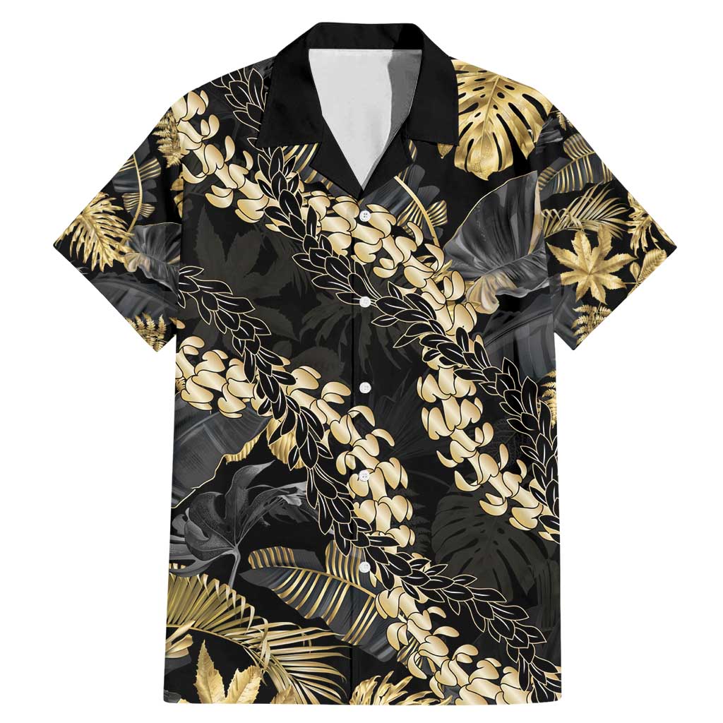 Gold Tropical Leaves Hawaii Mikioi Lei Family Matching Mermaid Dress and Hawaiian Shirt Luxury Stylized - Polynesian Pride