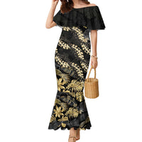 Gold Tropical Leaves Hawaii Mikioi Lei Family Matching Mermaid Dress and Hawaiian Shirt Luxury Stylized - Polynesian Pride