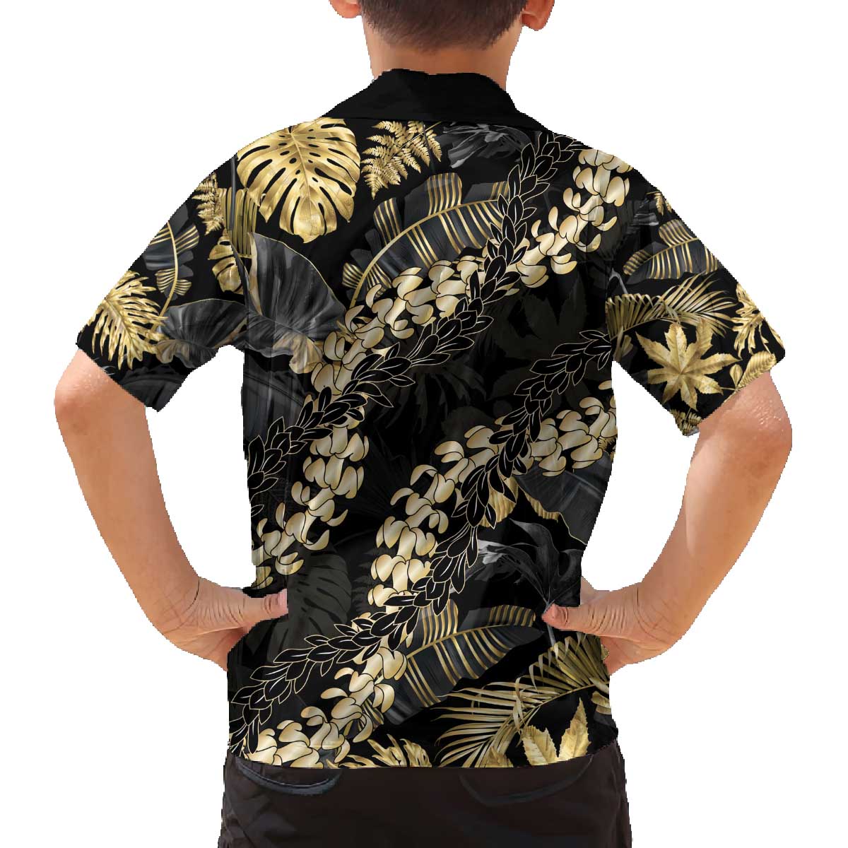 Gold Tropical Leaves Hawaii Mikioi Lei Family Matching Off The Shoulder Long Sleeve Dress and Hawaiian Shirt Luxury Stylized - Polynesian Pride