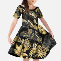 Gold Tropical Leaves Hawaii Mikioi Lei Family Matching Off The Shoulder Long Sleeve Dress and Hawaiian Shirt Luxury Stylized - Polynesian Pride