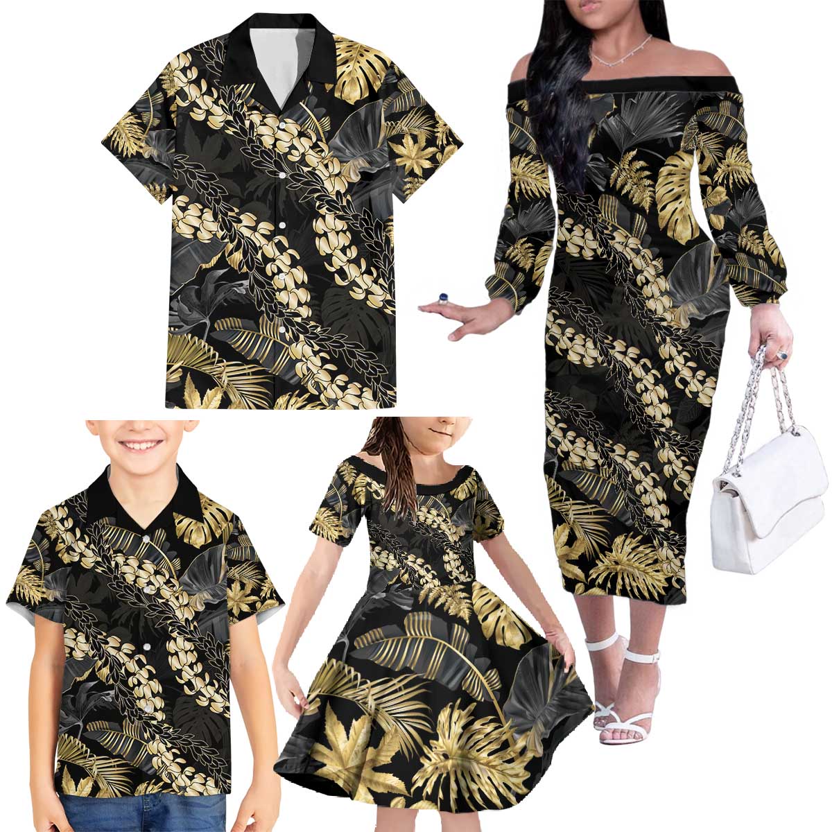 Gold Tropical Leaves Hawaii Mikioi Lei Family Matching Off The Shoulder Long Sleeve Dress and Hawaiian Shirt Luxury Stylized - Polynesian Pride