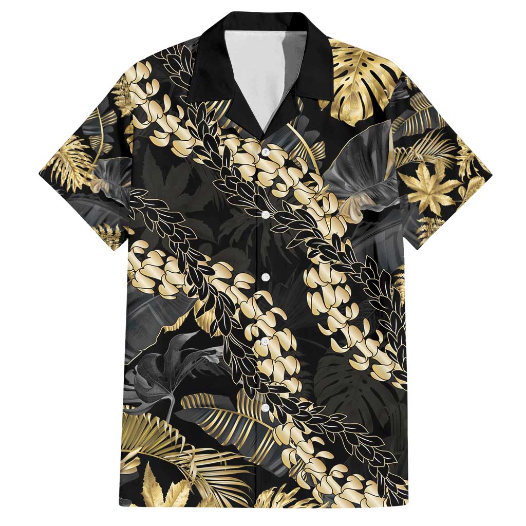Gold Tropical Leaves Hawaii Mikioi Lei Family Matching Off Shoulder Maxi Dress and Hawaiian Shirt Luxury Stylized - Polynesian Pride