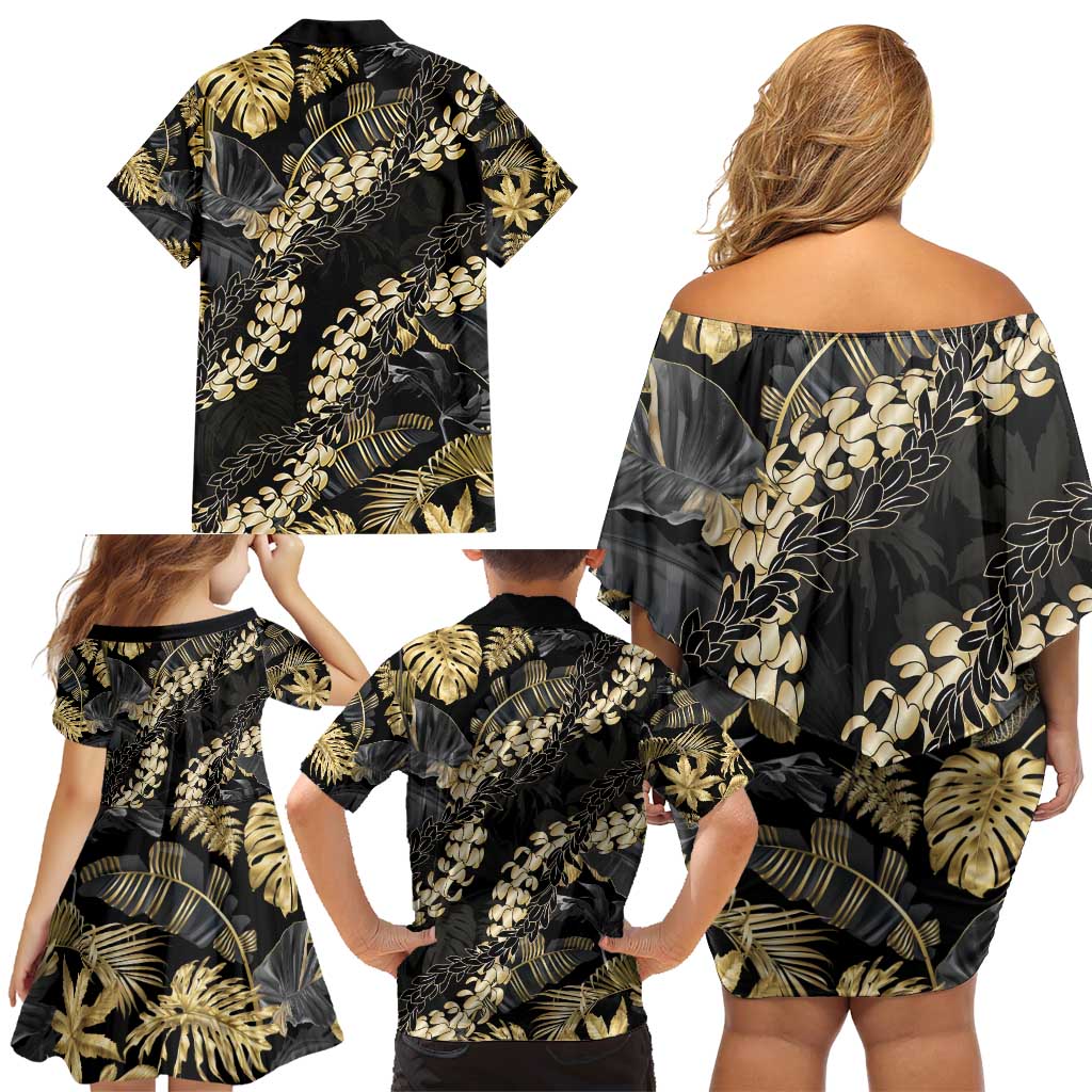 Gold Tropical Leaves Hawaii Mikioi Lei Family Matching Off Shoulder Short Dress and Hawaiian Shirt Luxury Stylized - Polynesian Pride