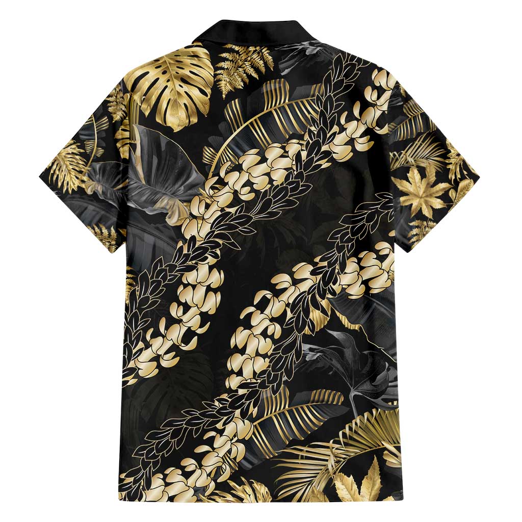 Gold Tropical Leaves Hawaii Mikioi Lei Family Matching Off Shoulder Short Dress and Hawaiian Shirt Luxury Stylized - Polynesian Pride