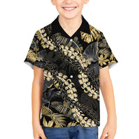 Gold Tropical Leaves Hawaii Mikioi Lei Family Matching Off Shoulder Short Dress and Hawaiian Shirt Luxury Stylized - Polynesian Pride