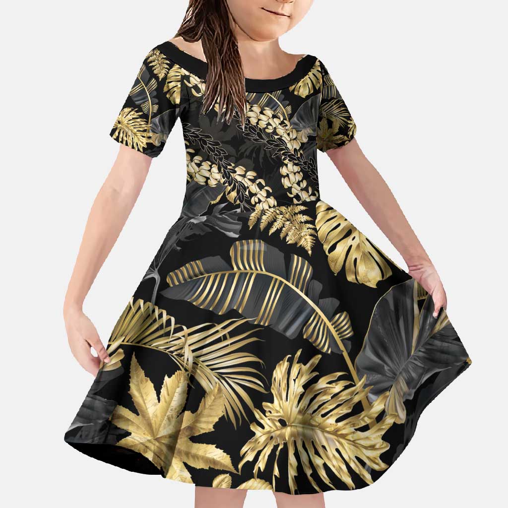 Gold Tropical Leaves Hawaii Mikioi Lei Family Matching Summer Maxi Dress and Hawaiian Shirt Luxury Stylized - Polynesian Pride