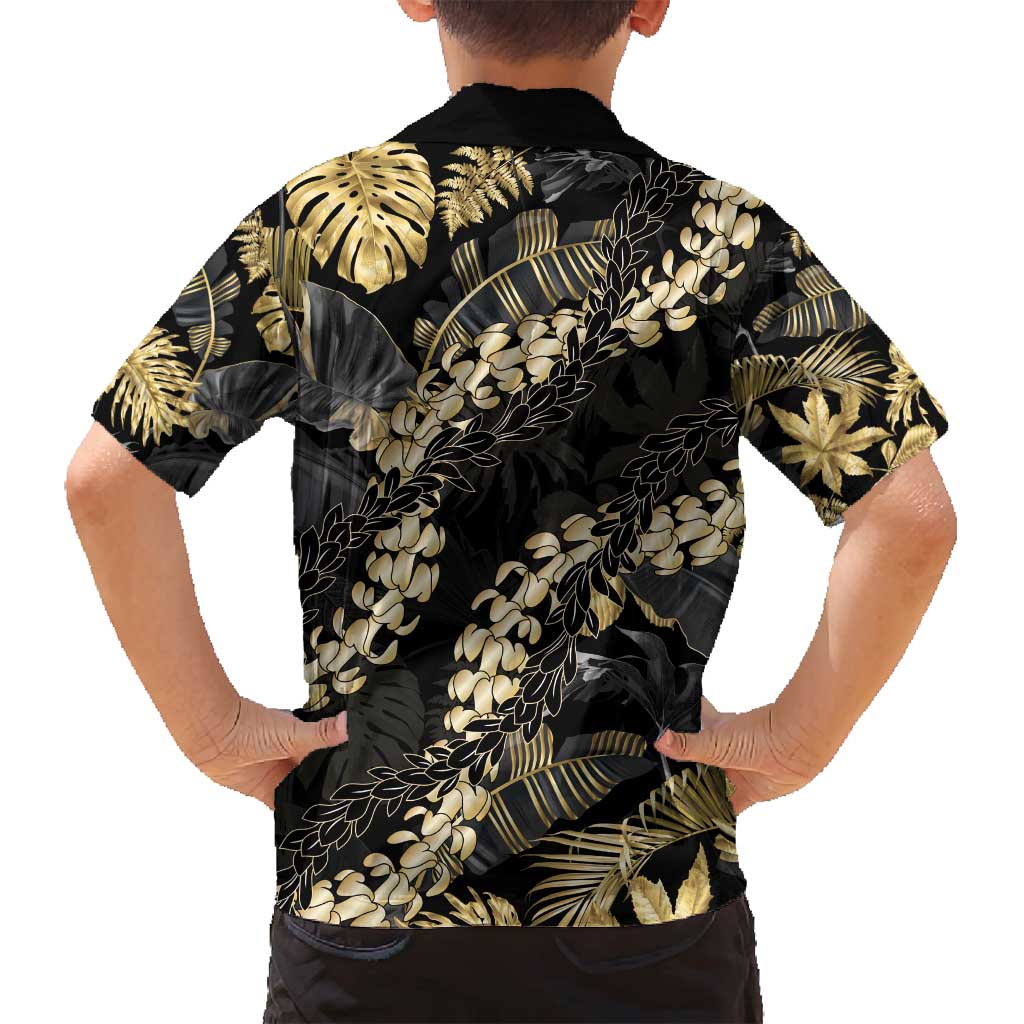 Gold Tropical Leaves Hawaii Mikioi Lei Family Matching Tank Maxi Dress and Hawaiian Shirt Luxury Stylized - Polynesian Pride