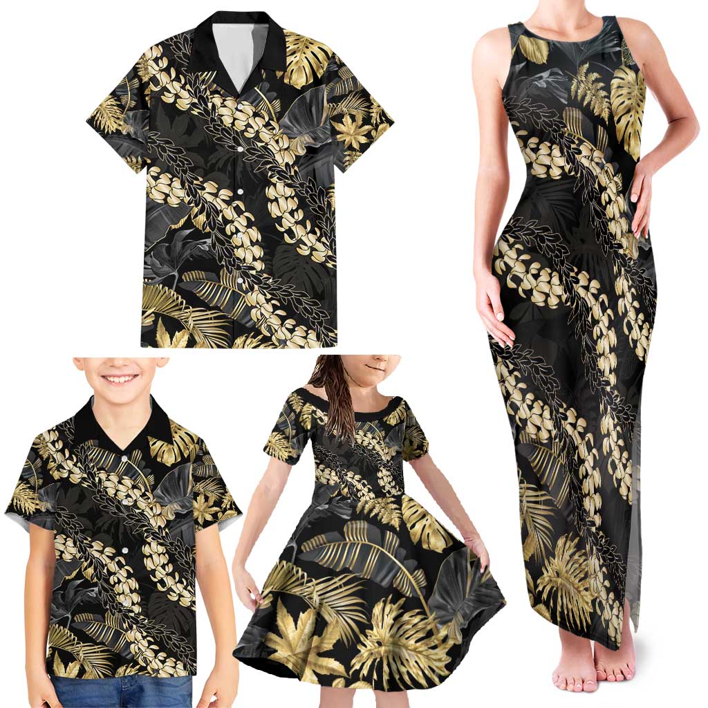 Gold Tropical Leaves Hawaii Mikioi Lei Family Matching Tank Maxi Dress and Hawaiian Shirt Luxury Stylized - Polynesian Pride