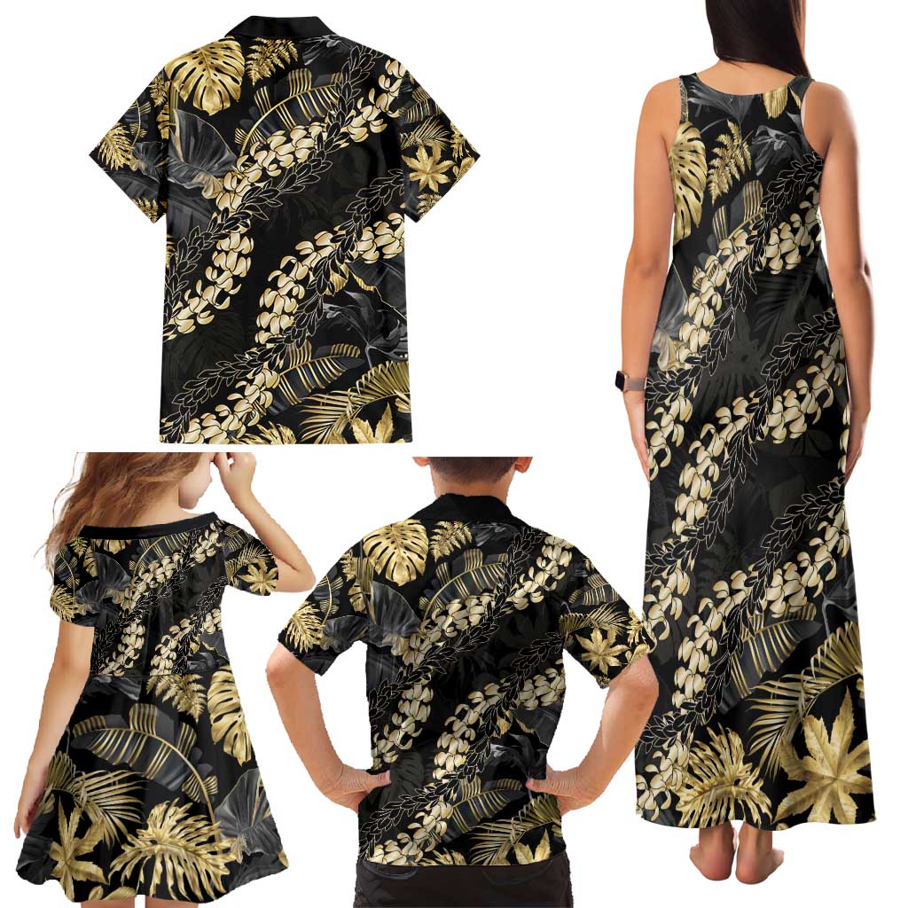 Gold Tropical Leaves Hawaii Mikioi Lei Family Matching Tank Maxi Dress and Hawaiian Shirt Luxury Stylized - Polynesian Pride