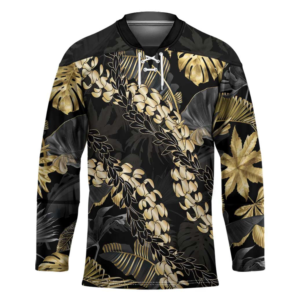 Gold Tropical Leaves Hawaii Mikioi Lei Hockey Jersey Luxury Stylized - Polynesian Pride