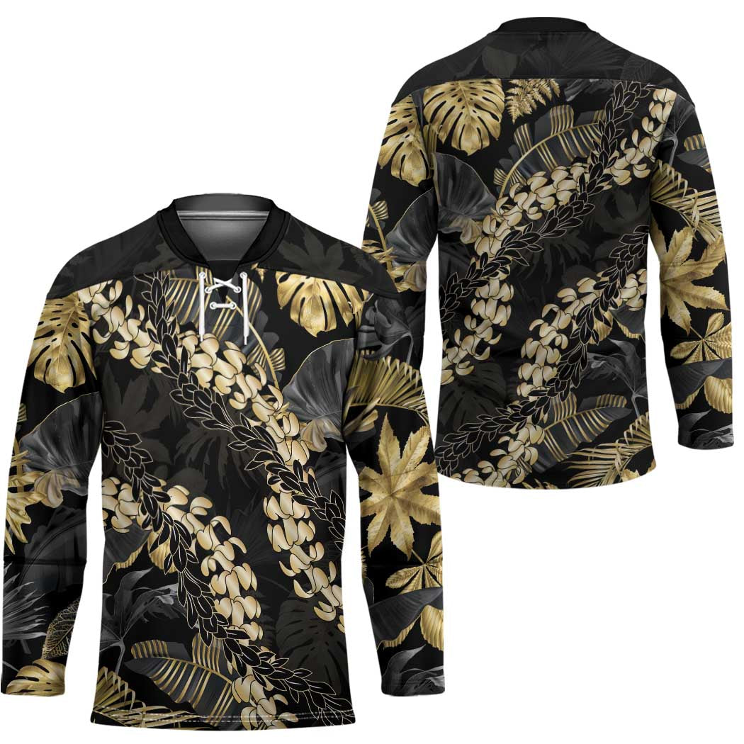 Gold Tropical Leaves Hawaii Mikioi Lei Hockey Jersey Luxury Stylized - Polynesian Pride